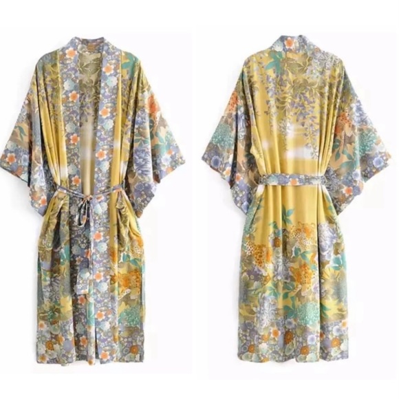 🌸 BOHO KIMONO ROBE COVER DUSTER KAFTAN LONG MAXI FLORAL BOHEMIAN PASTEL FLOWER - Picture 4 of 8